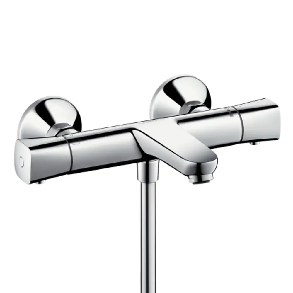 Chromfarbener Thermostat von Hansgrohe, geeignet für die Wandmontage, mit zwei Bedienelementen für die Temperaturregelung und einem Wasserauslass.
